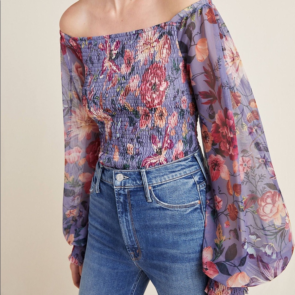 Anthropologie Rouen Blouse Ruched Bell Sleeve Boho